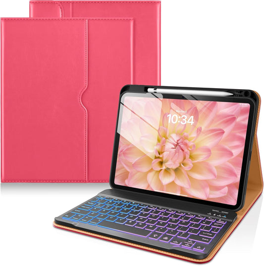 DTTO for iPad 11th (A16)/ 10th Generation Case with Keyboard (2025/2022), 7 Colors Backlit Wireless Detachable Keyboard Leather Folio Cover with Pencil Holder & Pocket, Rose Red A2