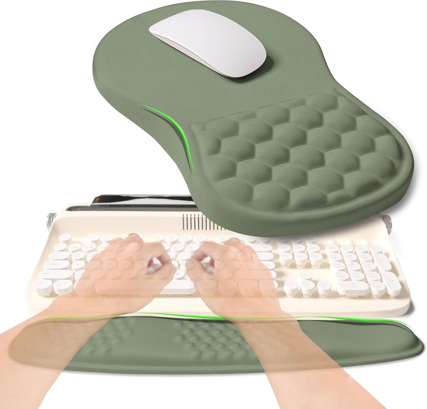 2-in-1 Ergonomic Set, Wave Rise Keyboard Wrist Rest and Massage Bulge Slope Mouse Pad Wrist Support, Cushion Memory Foam Integrated to Relieve Wrist Pain, Olive Green