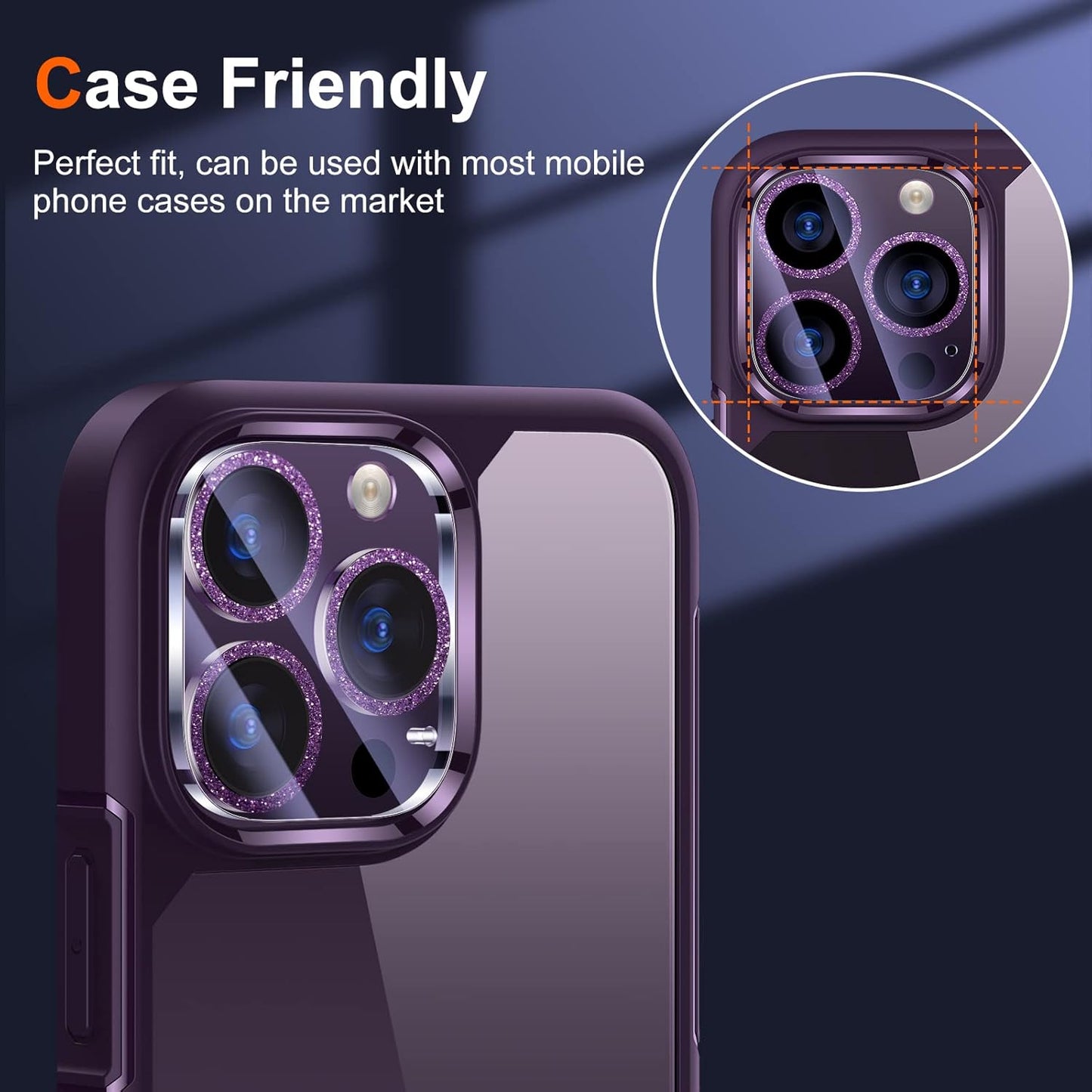 UniqueMe [3 Pack] Compatible for iPhone 14 Pro Max/iPhone 14 Pro Camera Lens Protector Tempered Glass,[Case Friendly][Scratch-Resistant][Night Shooting Mode]-Glitter Purple