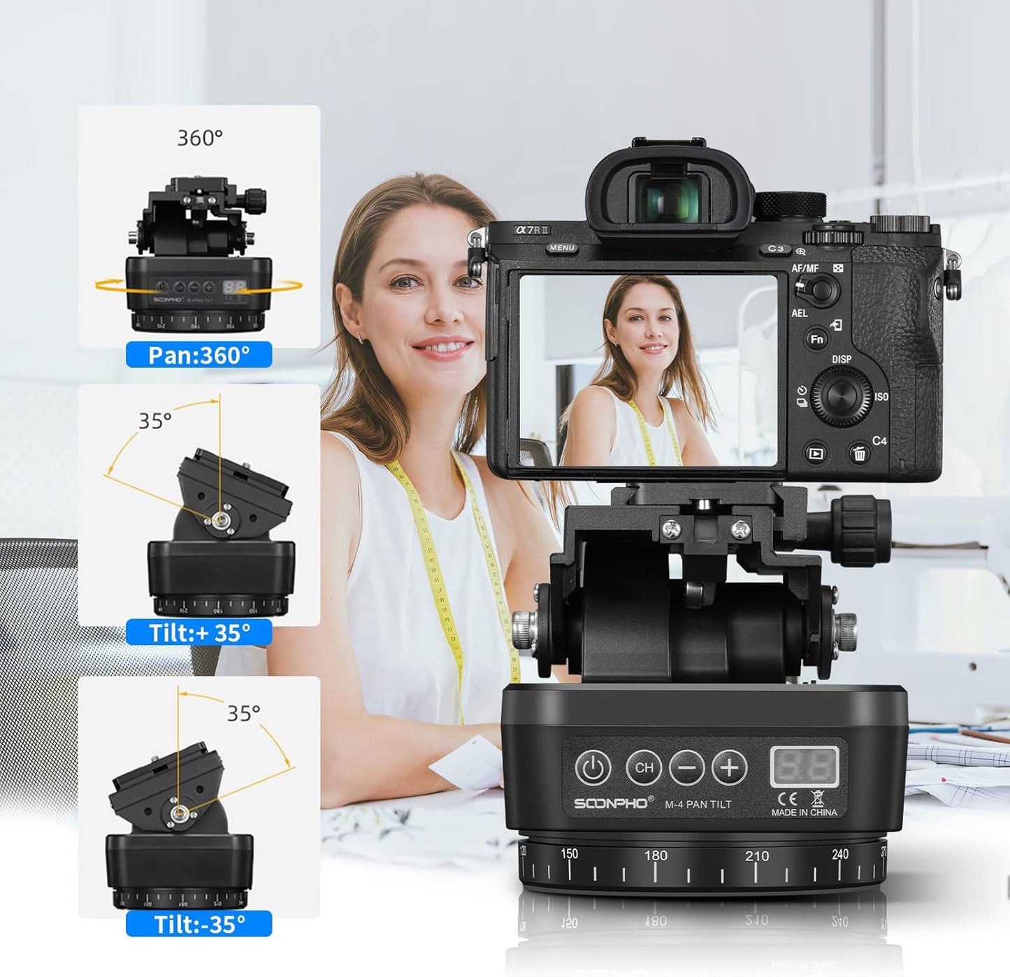 Soonpho M4 Motorized Rotating Panoramic Tripod Head, Remote Control 360° Pan Tilt Head with Mobile Phone Clip for DSLR Cameras, Camcorders, Smartphones, Tripod