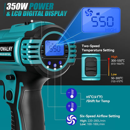 LIVOWALNY Cordless Heat Gun Compatible with Makita 18V Battery: LCD Digital Display - 350W 122℉-1022℉ Adjustable Portable Battery Powered Hot Air Gun for Shrink Tubing Crafts Vinyl Wrap (No Battery)
