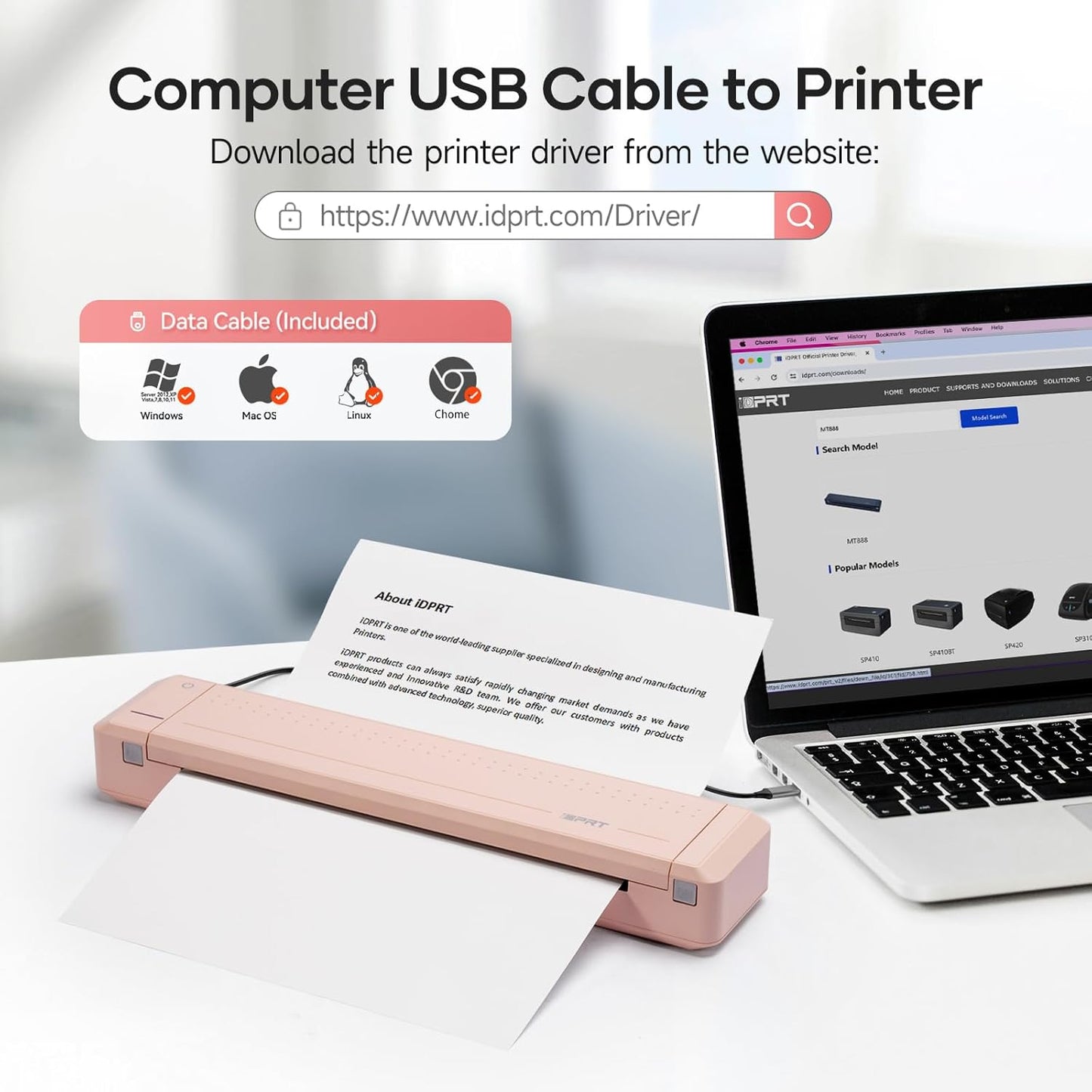 iDPRT Portable Thermal Printer with Case, 300DPI Inkless Mobile Printers for Travel, Home, Office, School, Vehicles, Support 8.5" X 11" US Letter/A4/A5, Wireless Bluetooth Printers, Pink