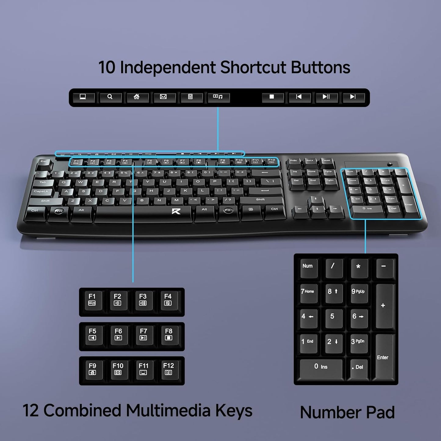 Redragon BK-7367 2.4G Wireless Keyboard, Membrane Computer Keyboard with 10 Individual Multimedia Keys, Spill Resistant Adjustable Kickstand AA Battery
