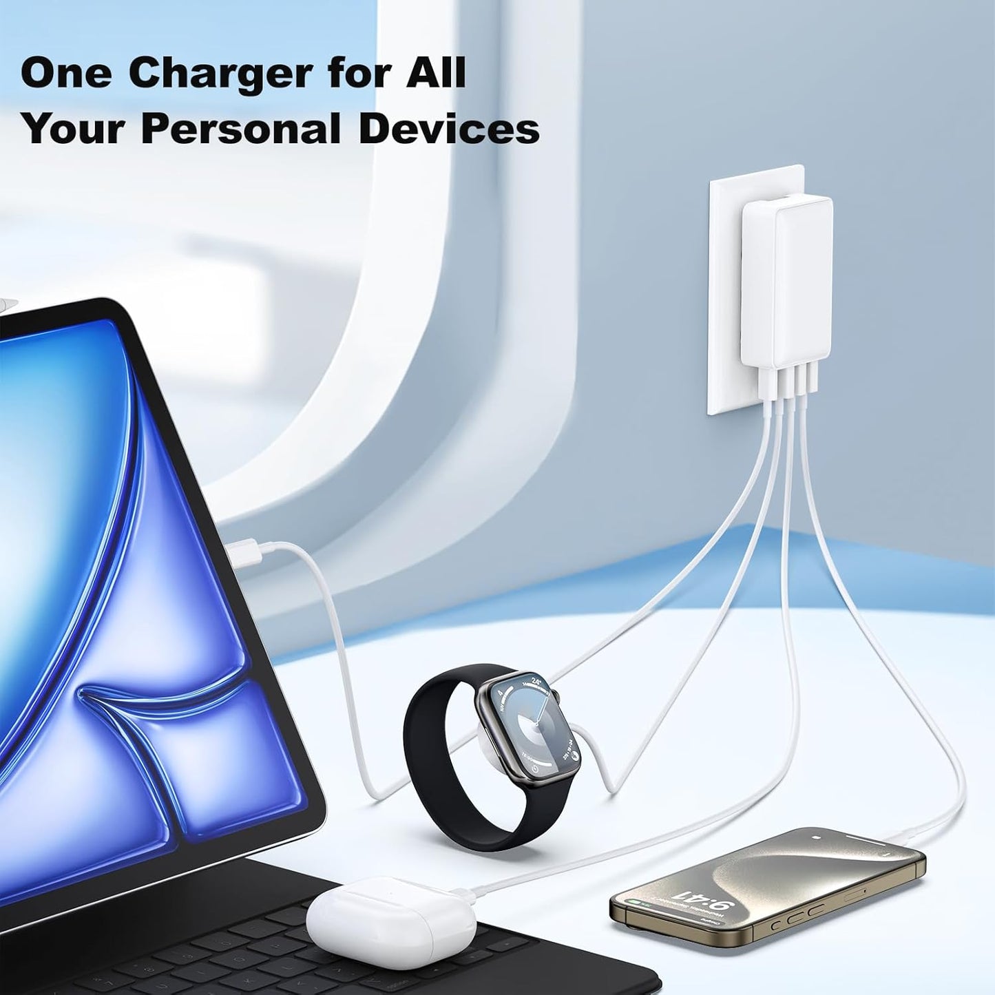 Flat USB Wall Charger, Excgood 40W 4Port USB and USB C Fast Charging Block PD+QC Foldable Wall Plug Power Adapter Multiports for iPhone 16 15 14 13 iPad Galaxy S24 A54 Android Watch Earbuds-3Pack