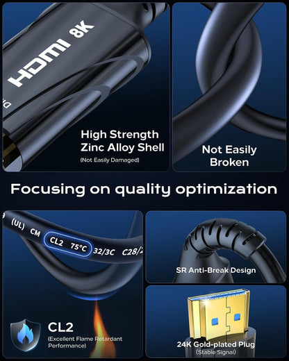 8K Long Fiber Optic HDMI Cable 100FT - 48Gbps, High Speed HDMI Cord CL2 in Wall,8K 60Hz,4K120Hz,HDCP 2.2&2.3,HDR10 - Compatible with HDTV/Monitor/Projector