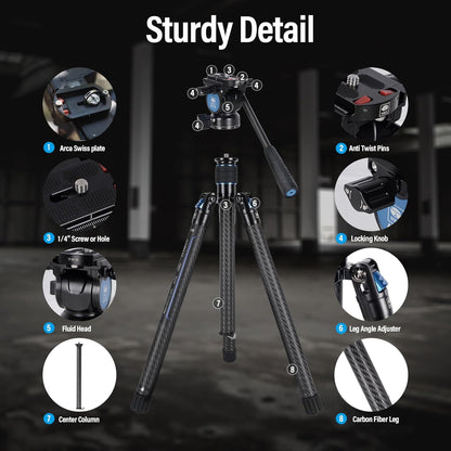 SIRUI Carbon Fiber Tripod Lightweight 2lbs with Panoramic Fluid Head, 59.8” Compact Camera Tripod Quick Release Leg Setup, Reversible Center Column, Reverse Folding Legs, Max Load 11lbs - Traveler X