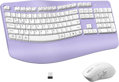 Ergonomic Wireless Keyboard and Mouse Combo, Wave Keys Keyboard with Wrist Rest for Natural Typing, 3 DPI Adjustable Ergonomic Silent Mouse for Computer/Laptop/Windows/Mac (Purple)
