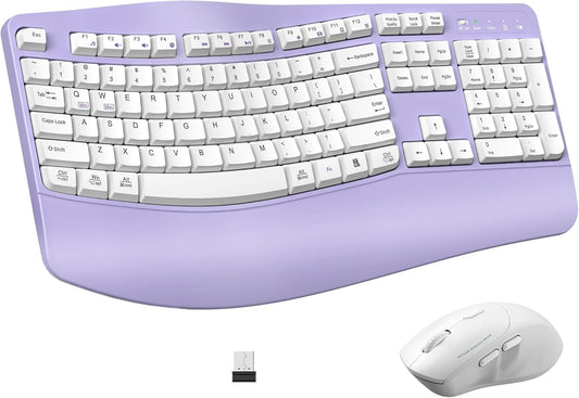 Ergonomic Wireless Keyboard and Mouse Combo, Wave Keys Keyboard with Wrist Rest for Natural Typing, 3 DPI Adjustable Ergonomic Silent Mouse for Computer/Laptop/Windows/Mac (Purple)