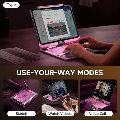 Transparent Case with Keyboard for 2024 iPad Pro 11-inch(M4),with 7-Color Backlit Wireless Keyboard, 360°Rotatable Protective Case Multi-Touch Trackpad,with Pencil Holder,with Shortcuts,Pink