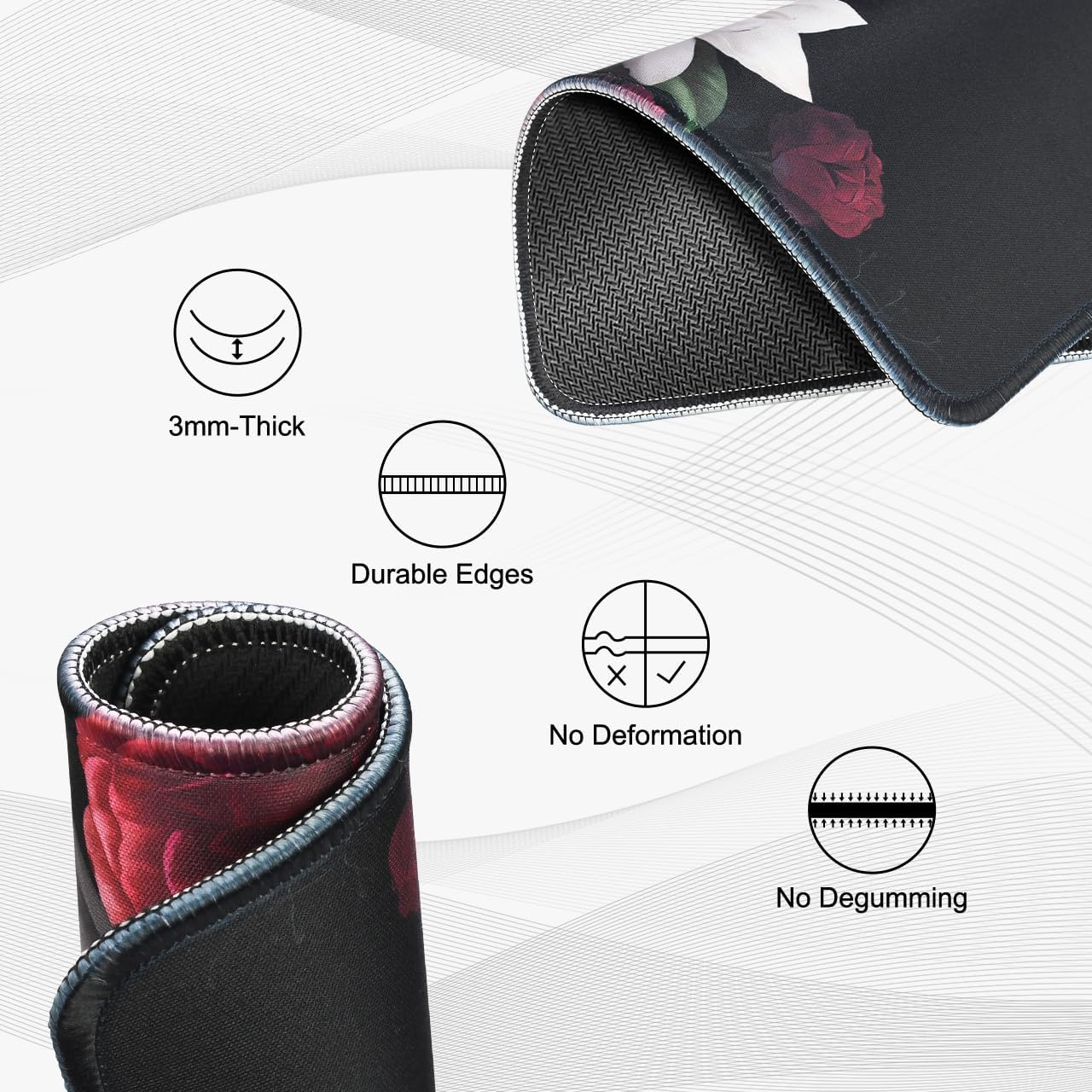 JIKIOU 3 Pack Mouse Pad with Stitched Edge, Comfortable Mouse Pads with Non-Slip Rubber Base, Washable Mousepads Bulk with Lycra Cloth, Mouse Pads for Computers Laptop Mouse 10.2x8.3x0.12inch Peony