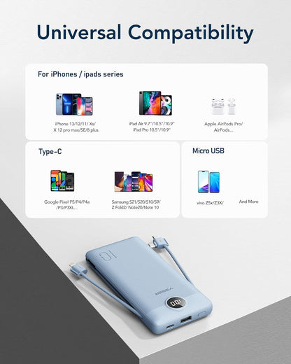 VEGER Portable Charger for iPhone Built in Cables and Wall Plug, 10000mah Slim Fast Charging USB C Power Bank, Travel Essential Battery Pack Compatible with iPhones, iPad, Samsung More Devices(Blue)