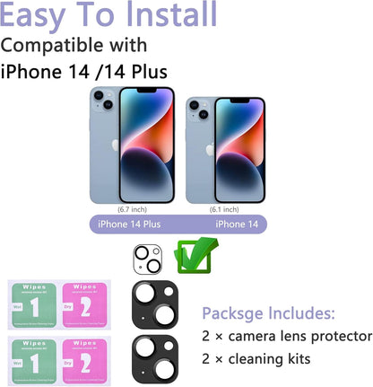 2 Pack Camera Lens Protector for iPhone 14 / iPhone 14 Plus,[Not Easy to Breakn ] AR Tempered Glass Strong Adsorption Metal Camera Cover Screen- black