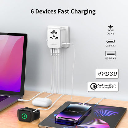 MOMAX European Travel Plug Adapter, 35W PD Fast Charging, Universal Travel Adapter with 3 USB-C and 2 USB-A Ports, International Power Adapter for Most Europe, USA, Japan, Australia (Type C/A/G/I)