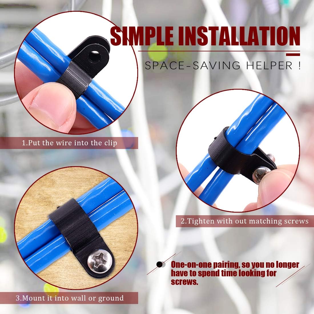 Hilitchi 132 Pcs 6 Sizes Black and White Plastic Cable Clamp R Type Screw Mounting Cord Fastener Cable Clips Assortment Kit with Screws for Wire Management Cable Conduit (Clips from 6mm to 23mm)