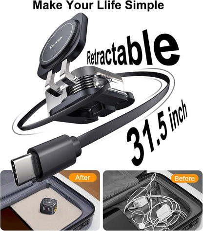 Retractable 3 in 1 Charging Station for Apple, 15W Fast for Magsafe Foldable Magnetic Wireless Charging Stand with Retractable Cable, for Travel, for iPhone 16/15/14/13, Apple Watch, AirPods