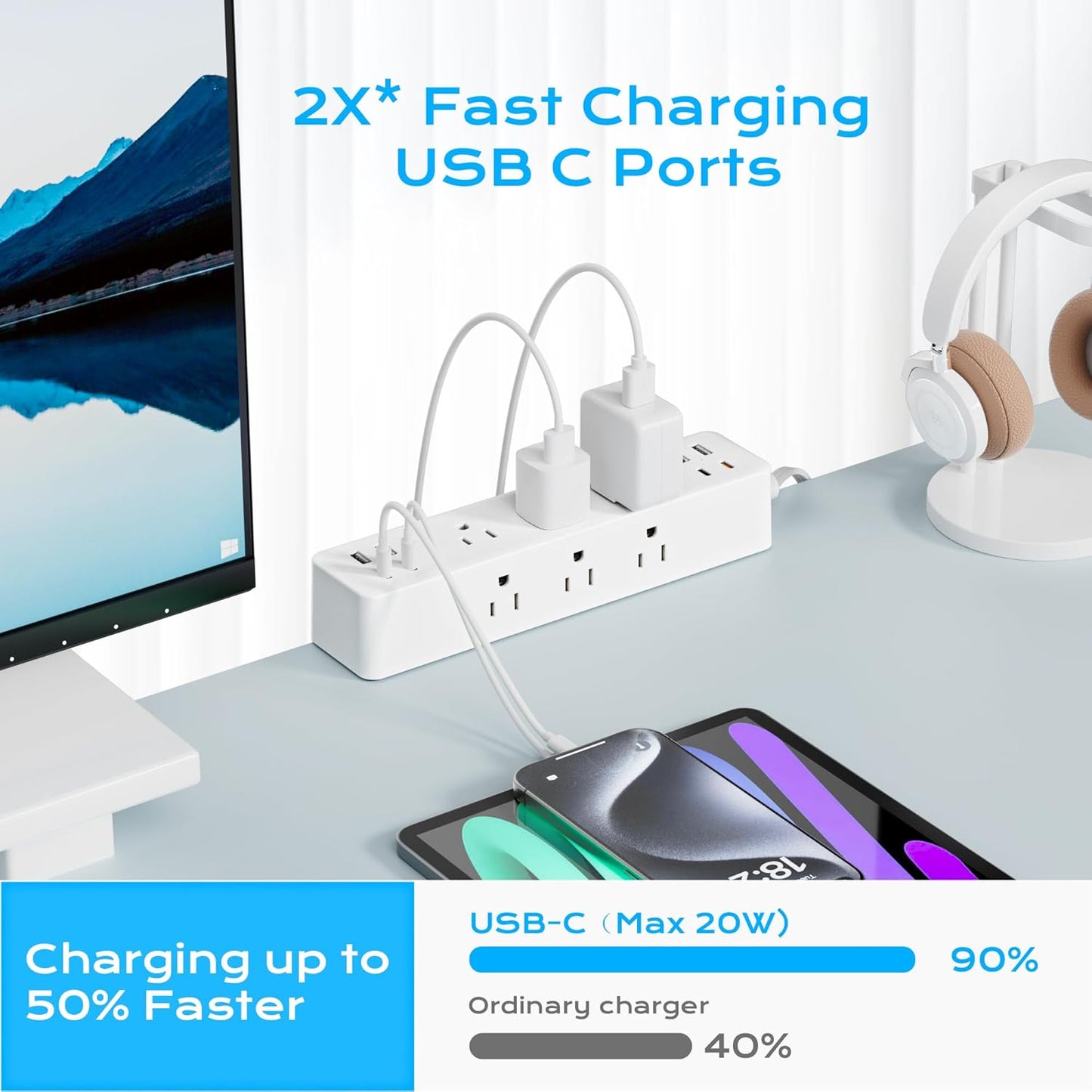 Flat Plug Desk Clamp Power Strip 10FT, 40W Total Fast Charging Station, 2 PD20W USB C Ports, Desk Edge Mount Power Strip 9 AC Outlets 8 USB Ports Surge Protector, Fit 1.7" Tabletop Edge, White