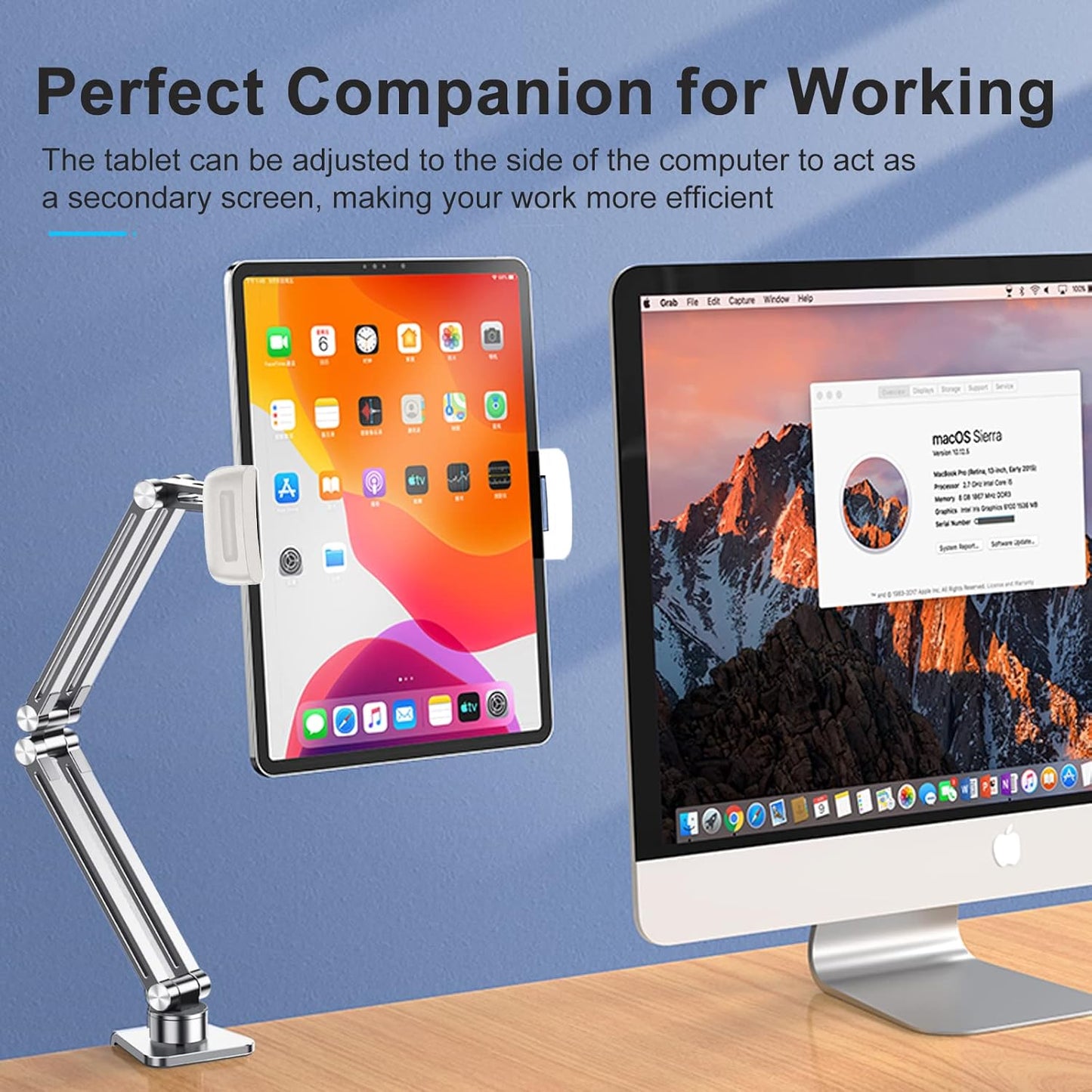 OATSBASF Phone and Tablet Holder Bed Gooseneck Mount, Aluminum Long Arm Foldable Lazy Stand, Universal 360 Degree Rotatable for iPhone, iPad, Tablet-Silver