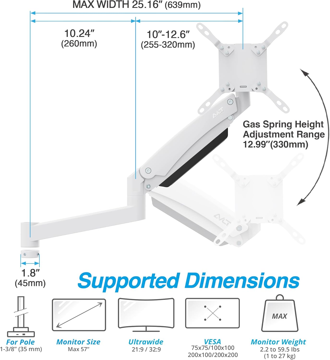 AVLT Single 57 Inch Heavy Duty Monitor Arm Add-On Kit for Pole Top Mount-White, Fits 1.38" Pole, for Super Ultrawide Screen, Supports 59.5lbs (27kg), VESA Compatible, Workspace Upgrade Extension Arm