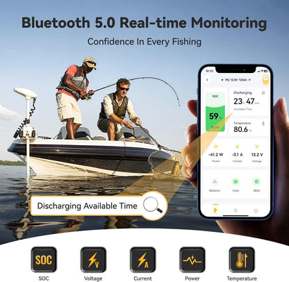 Power Queen 12V 125Ah Group 27 Bluetooth LiFePO4 Battery,1600Wh Energy Lithium Battery with Low-Temp Protection Max. 15000 Cycles for RV, Solar System, Trolling Motor