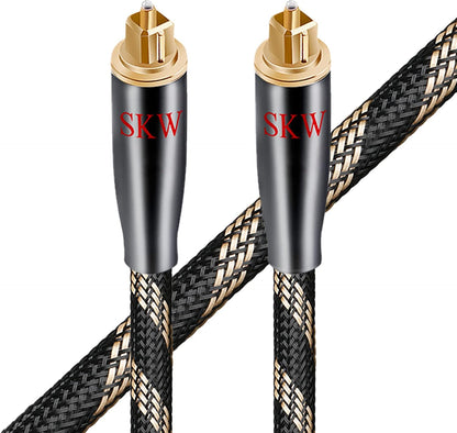 SKW Optical Digital Audio Toslink Cable Home Theater Fiber Optic Male to Male Gold Plated S/PDIF Cables - Copper Connectors, High-Reinforced Transparent Polymer Core, Nylon Braided 4.9ft(1.5M)