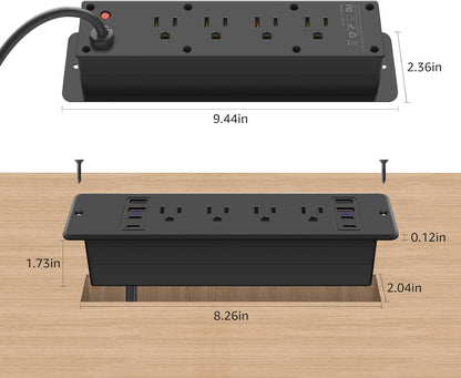 HHSOET 8 Outlet Recessed Power Strip, 30W Fast Charging Furniture Power Outlet USB C, Flush Mount Surge Protection Socket with 4 USB-A and 4 USB-C, 10ft Power Cord. (Black)
