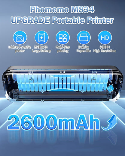 Phomemo M834 Portable Printer Wireless for Travel Upgraded, Bluetooth Thermal Printer 8.5" x 11"&A4, Compatible with iOS,Android & PC,Inkless Mobile Printers for Travel,Office,School,Home,Black