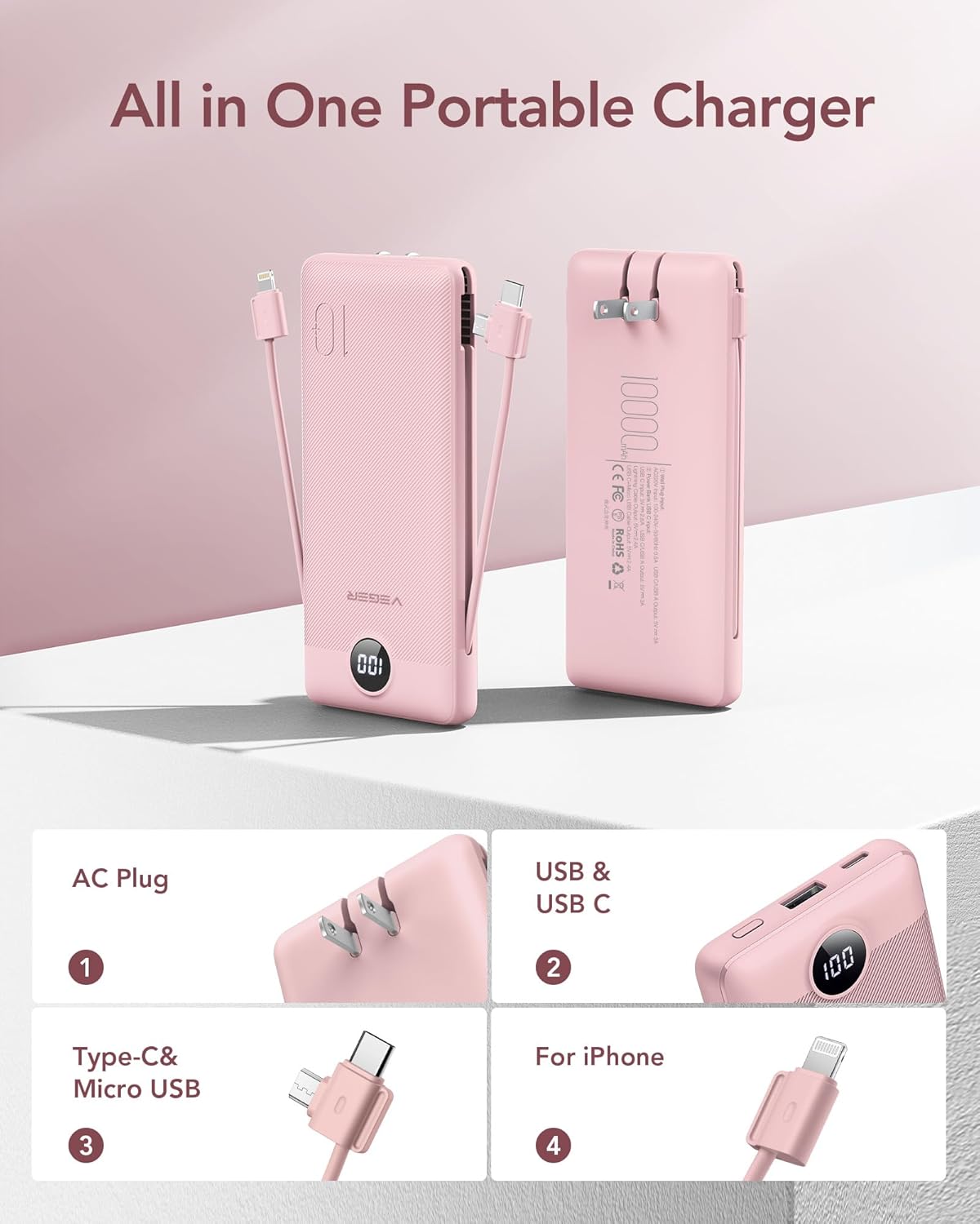 VEGER Portable Charger for iPhone with Built in Cables and Wall Plug, 10000mah Slim Fast Charging USB C Power Bank, Travel Essential Battery Pack Compatible with iPhone, iPad, Samsung etc(Crepe)