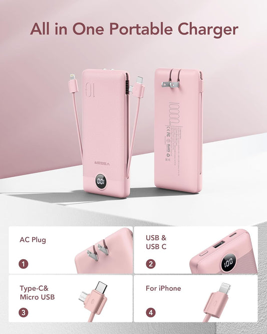 VEGER Portable Charger for iPhone with Built in Cables and Wall Plug, 10000mah Slim Fast Charging USB C Power Bank, Travel Essential Battery Pack Compatible with iPhone, iPad, Samsung etc(Crepe)