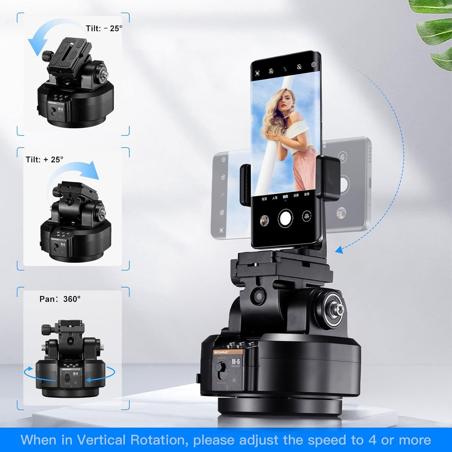 Soonpho M6 Auto Face Tracking Motorized Rotating Panoramic Tripod Head, Remote Control 360° Pan Tilt Head with Mobile Phone Clip for DSLR Cameras, Camcorders, Smartphones, Tripod