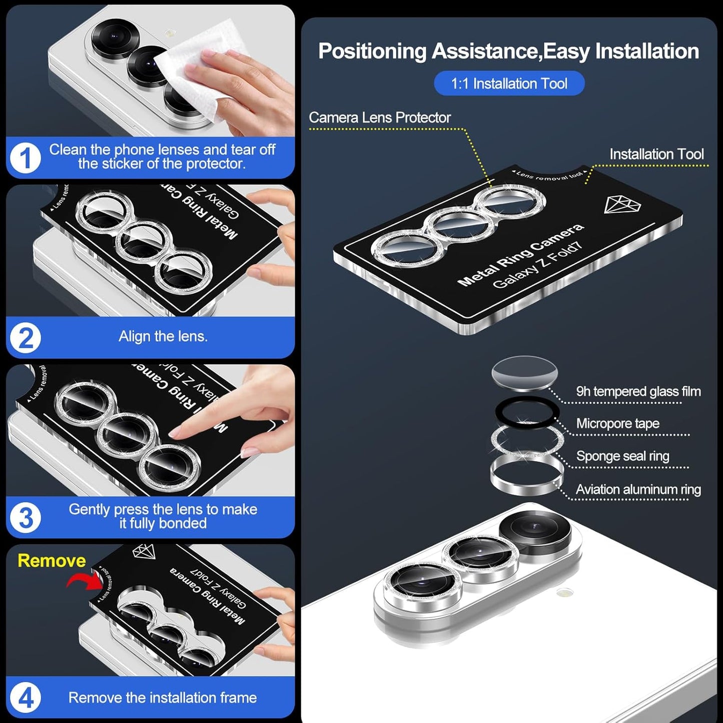 for Samsung Galaxy Z Fold 7 Camera Lens Protector, Individual Metal Ring Tempered Glass Lens Cover, [Strong Adsorption] Scratch Resistant Ultra-Thin HD Clear Lens Cover, 1 Set-Silvery Sparkly