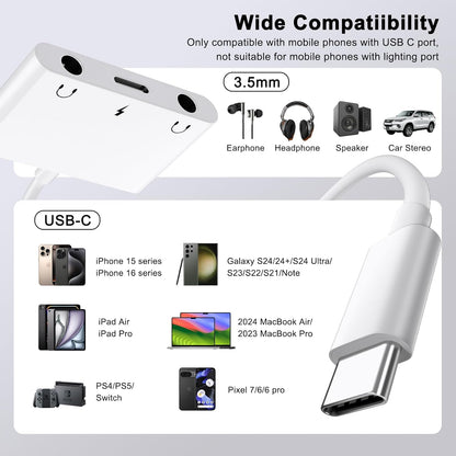USB C to 3.5mm Audio Adapter, 3 in 1 Aux to USB C Headphone Splitter Dual 3.5mm Audio Jack and PD 60W Fast Charging, Compatible for iPhone 15 16,Galaxy S22 S21/Note 20,Pixel 4 3 XL,Huawei,etc