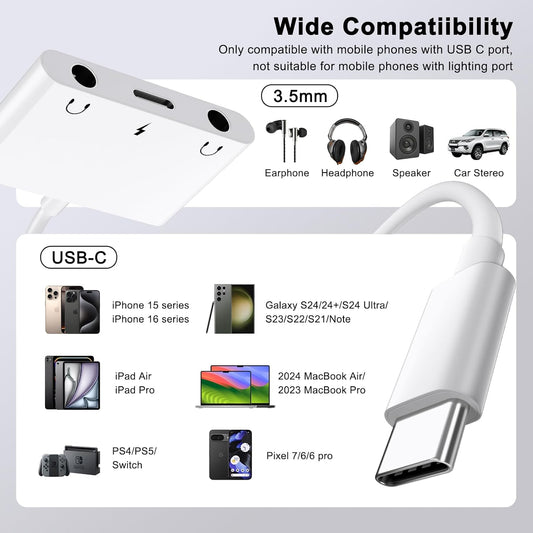 USB C to 3.5mm Audio Adapter, 3 in 1 Aux to USB C Headphone Splitter Dual 3.5mm Audio Jack and PD 60W Fast Charging, Compatible for iPhone 15 16,Galaxy S22 S21/Note 20,Pixel 4 3 XL,Huawei,etc