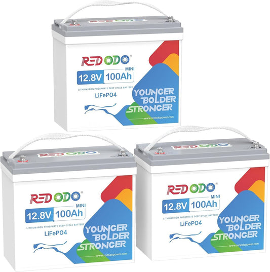 Redodo 3 Pack 12V 100Ah Mini LiFePO4 Lithium Battery, 1280Wh Deep Cycle Battery with Upgraded 100A BMS, 4000-15000 Cycles, Perfect for Solar Home Storage, RV, Trolling Motor