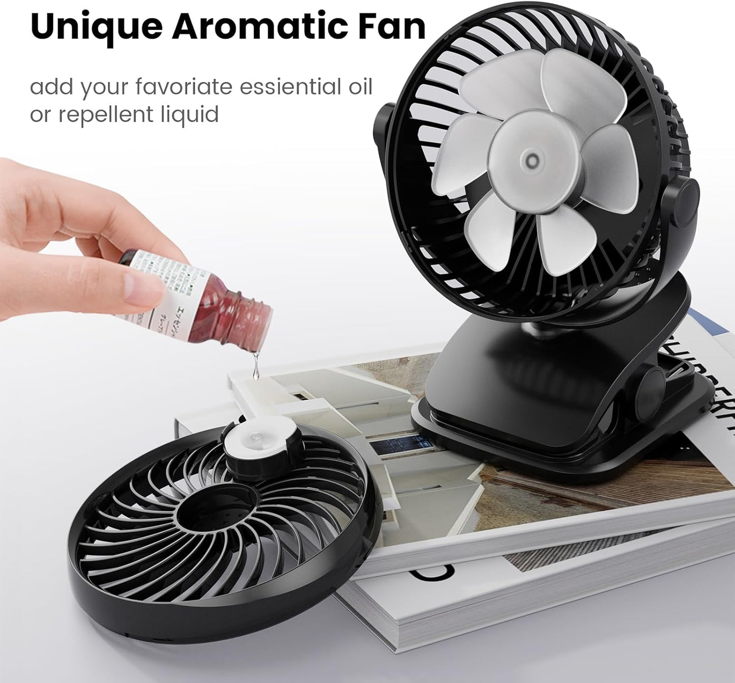 Shinebella AA Battery Powered Clip on Fan with 4-Speed, 5’’ Small Desk Fan with Aroma Function, USB Powered, 360°Rotation, Ultra Quiet, for Golf Cart, Stroller, Bedroom,Car(Batteries Not Included)
