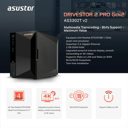 Asustor Drivestor 2 Pro Gen2 AS3302T v2, 2 Bay NAS, 1.7GHz Quad-Core, 2.5GbE Port, 2GB RAM DDR4, Small Home Media Server, Network Attached Storage Device (Diskless)
