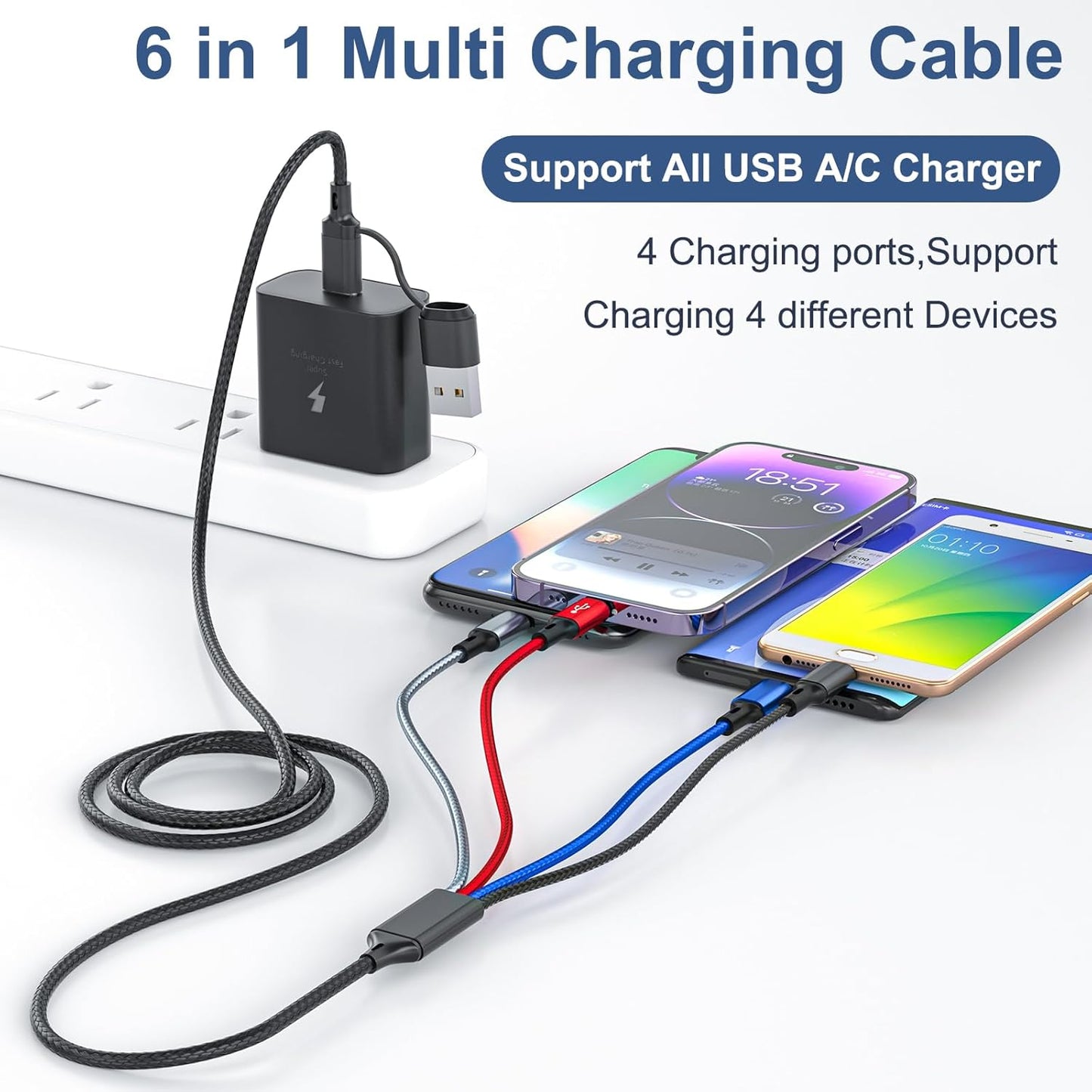 6 in 1 Multi Charging Cable 3Pack-6FT Multi USB Cable 3A Multi Charger Cable Braided Multiple Phone Charger Cable Universal USB A/C Charging Cord with 2*IP/Type C/Micro USB Port for Cell Phone/Tablets
