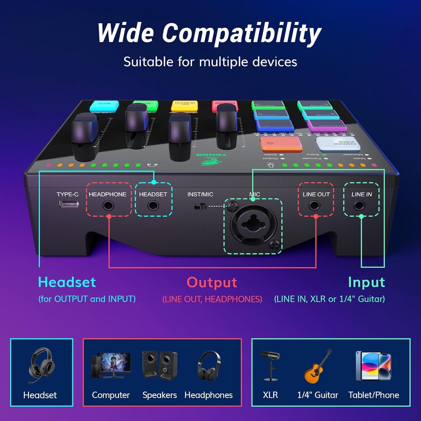 TONOR Audio Interface and Microphone Set, Podcast Equipment Bundle, USB Audio Mixer with RGB, XLR Dynamic Microphone with Studio Sound Quality, Complete Package for Content Creating, Gaming, Streaming