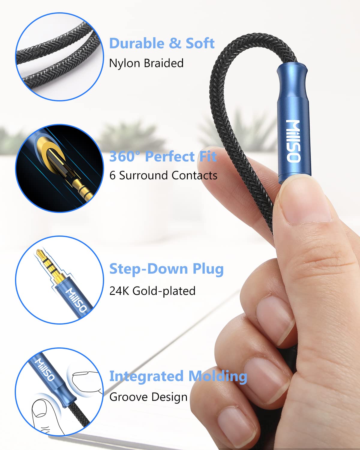 MillSO 3.5mm Headphone Extension Cable Nylon Braided (8 FT/2.4 M) 4 Pole TRRS Male to Female Stereo Aux Audio Extension Cable for PC Smartphone Speaker or More Devices - [Seablue Young Series]