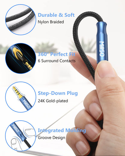 MillSO 3.5mm Headphone Extension Cable Nylon Braided (8 FT/2.4 M) 4 Pole TRRS Male to Female Stereo Aux Audio Extension Cable for PC Smartphone Speaker or More Devices - [Seablue Young Series]