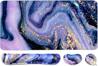 4-in-1 Large Gaming Mouse Pad, Keyboard Wrist Rest Pad & Wrist Support Mousepad Set, Extended Desk Pad Waterproof Desk Mat for Home Office Study Game - Purple Marble