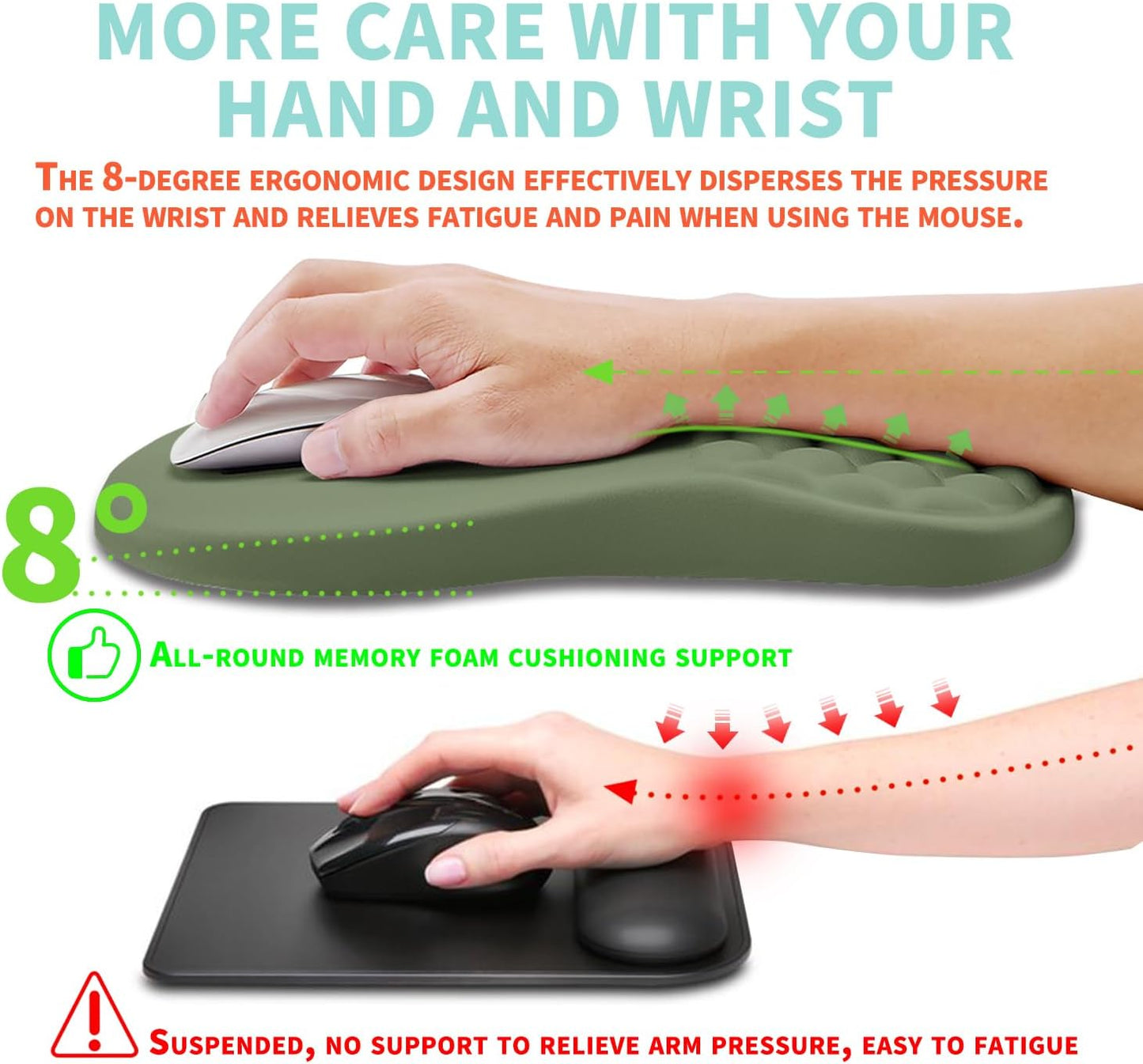 Ergonomic Mouse Pad Wrist Support with Memory Foam Massage Bulge, Carpal Tunnel Pain Relief Mousepad Wrist Rest for Mouse(12x8 inch,Olive Green)