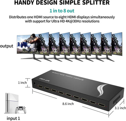 MT-VIKI 4K 1x8 HDMI Splitter 1 in 8 Out, 8 Port Powered HDMI Splitter Multi Monitor Outputs 3D 4Kx2K@30Hz for Projector, HDTV