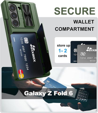 for Samsung Galaxy Z Fold 6 Case with Card Holder & Slide Camera Lens Cover & Hinge Protection & Screen Protector, Heavy Duty Full Body Protective Phone Cover Case for Galaxy Z Fold 6, Green