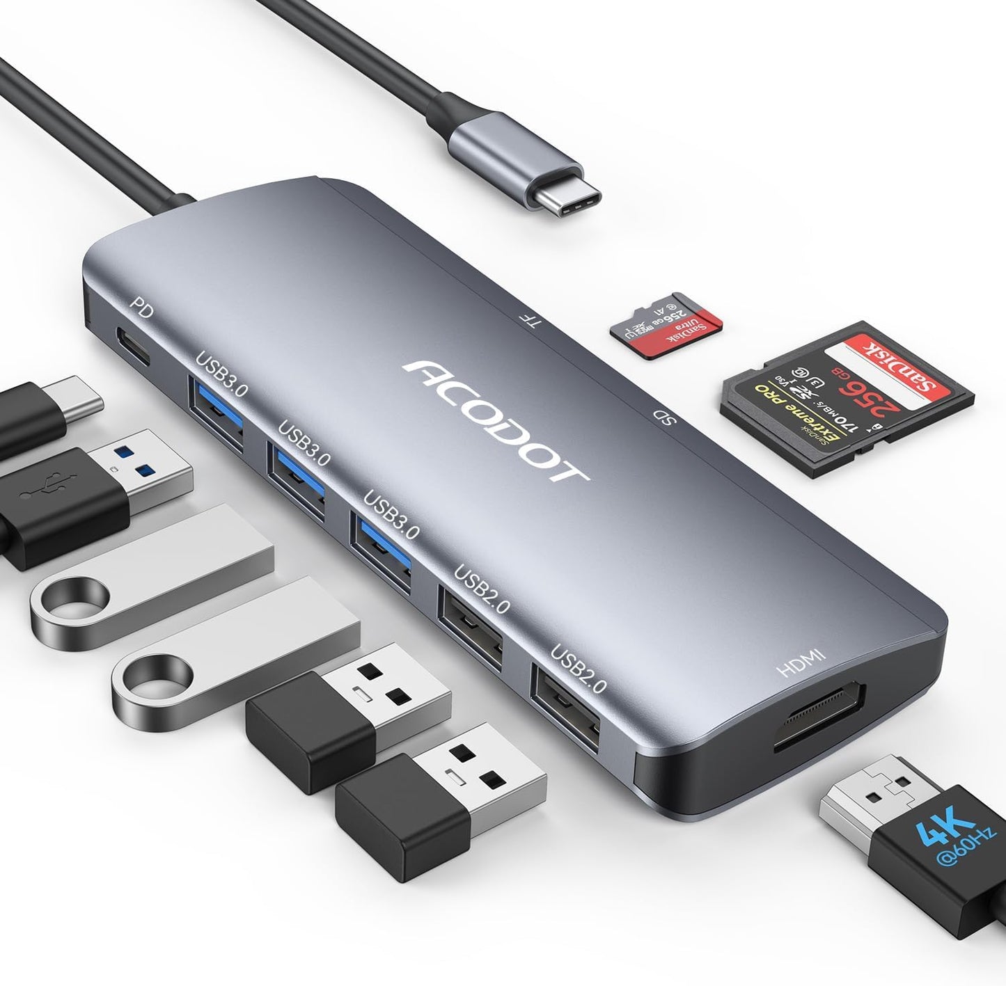 USB C Hub, Acodot 9 in 1 Type C Hub Adapter Portable Docking Station Aluminum Dongle Compatible with MacBook Pro/Thunderbolt 3 Laptops of Type C Devices, with 4K HDMI/ 5 USB Ports/ 100W PD/SD/TF