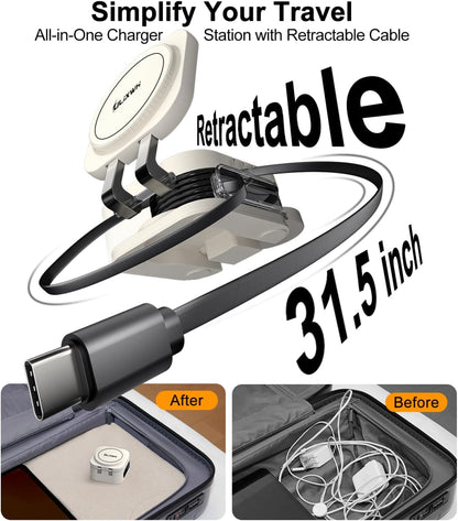 2025 Retractable 3 in 1 Charging Station for Apple,15W Fast for MagSafe Magnetic Wireless Charger with Retractable Cable, Foldable Travel Stand for iPhone 16 15 14 13 12 Pro Max iWatch Airpods