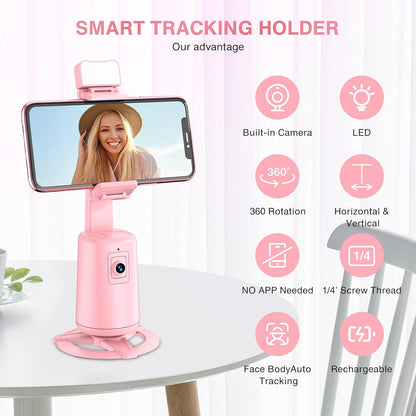 Auto Face Tracking Tripod 360° Rotating Cell Phone Photo and Video Kits Stand, No App, Phone Camera Stand with Remote and Gesture Control for Live Recording Tiktok Pink1