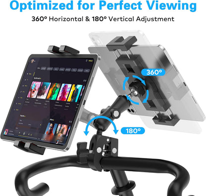 Treadmill Tablet iPad Holder, Aluminum Indoor Exercise Bike Handlebar Mount Clamp for Stationary Elliptical Bicycle Peloton Spin Bike Stroller, Compatible with 4.7"-12.9" Tablets/iPad/Phones