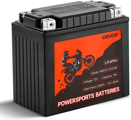 VEVOR Motorcycle Battery, 12 Volt 7Ah, LiFePO4 Lithium Pre-Charged Powersports Battery, Maintenance Free & High Performance, Compatible with ATV, Motorcycle, Jet Skis, Scooter, UTV, and More
