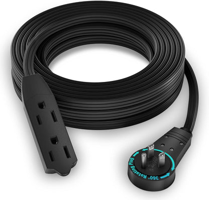 Maximm Cable 20 Ft 360° Rotating Flat Plug Extension Cord, 16/3 AWG Multi 3 Outlet 3-Prong Grounded Wire- Black - UL Certified