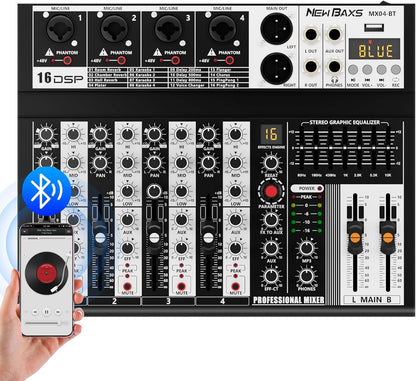 Professional Audio Mixer, 4 Channel Audio Interface Sound Board Mixing Console System Monitor, NEW BAXS 16-Bit DSP DJ Bluetooth Mixer +48V Phantom Effect For Karaoke Studio Streaming Recording